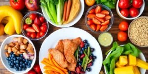 Pratos saudáveis com frutas, vegetais e proteínas magras.