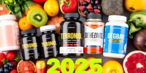 Suplementos termogênicos com frutas e vegetais frescos.