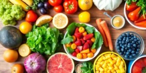 Frutas e vegetais frescos em uma mesa de madeira.