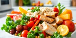 Prato saudável com legumes, proteínas e grãos integrais.
