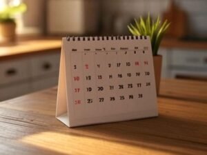 Calendário de mesa em formato de espiral posicionado sobre uma mesa de madeira em uma cozinha iluminada por luz natural, com fundo desfocado mostrando armários brancos, uma planta verde em vaso e uma janela com cortina clara, transmitindo um ambiente organizado e acolhedor.