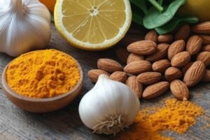 superalimentos frescos dispostos sobre uma superfície clara: frutas cítricas, folhas verdes escuras, alho, cúrcuma fresca e amêndoas, todos conhecidos por fortalecer o sistema imunológico.
